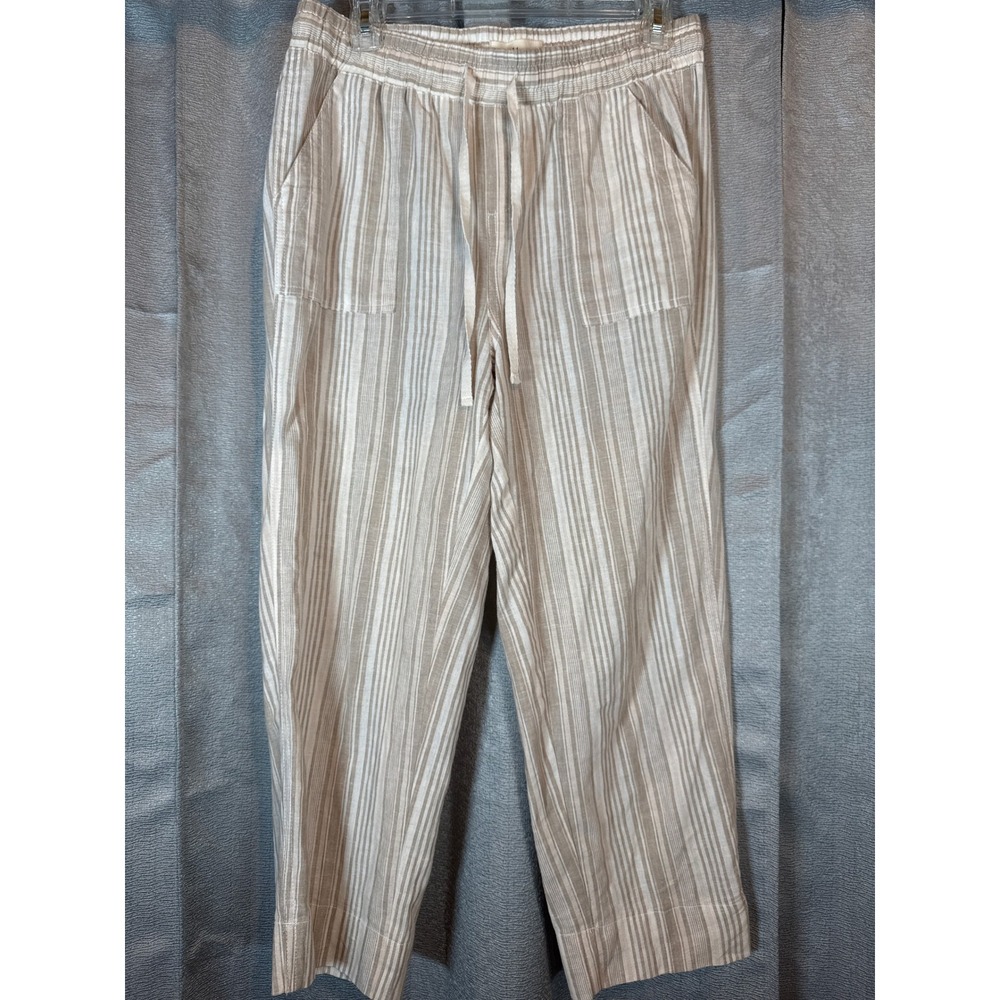 Land n Sea Striped Drawstring Waist Linen Blend Cropped Wide Leg Pants Women's M